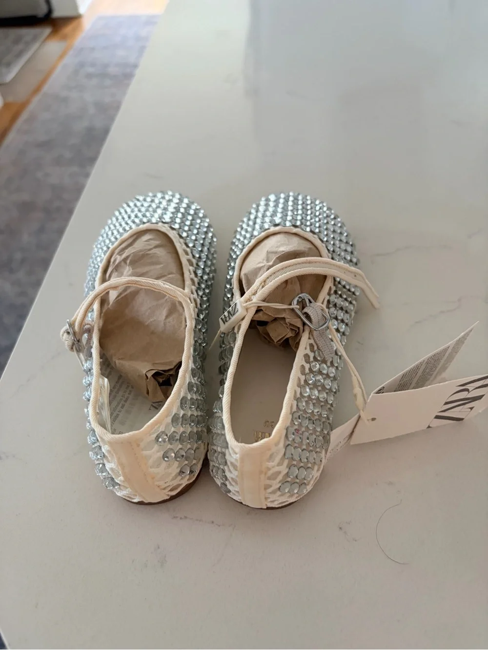 Zara Silver Crystal Mesh Mary-Jane Flats